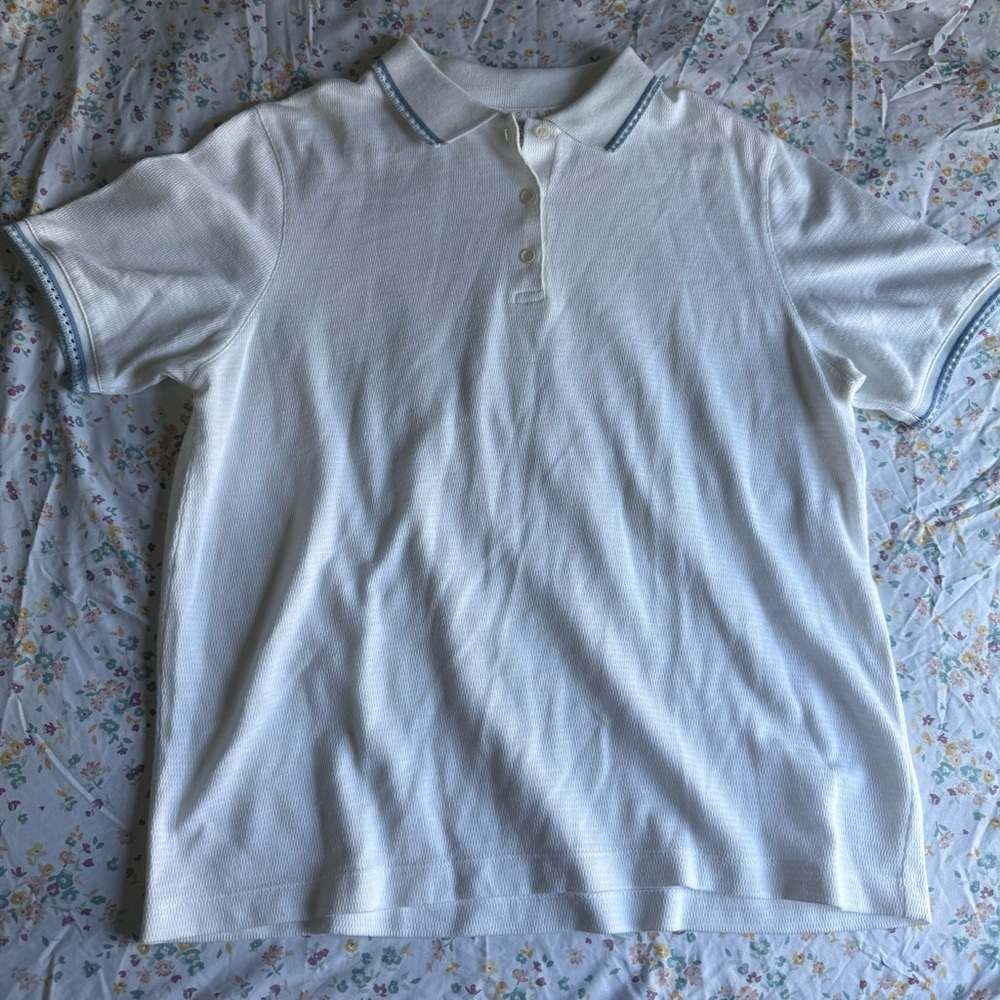 Vintage White Women's Button-Down Golf Polo w Blue Trim | Like New | 100% Cotton